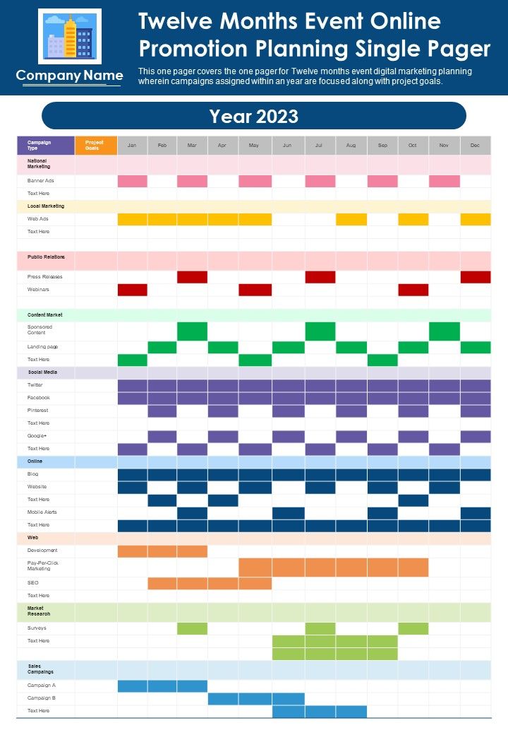 Twelve Months Event Online Promotion Planning Single Pager PDF Document PPT Template Slide01