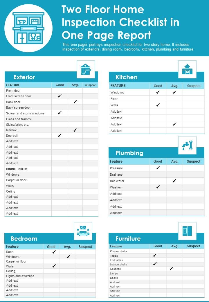 Two Floor Home Inspection Checklist In One Page Report PDF Document PPT Template Slide01