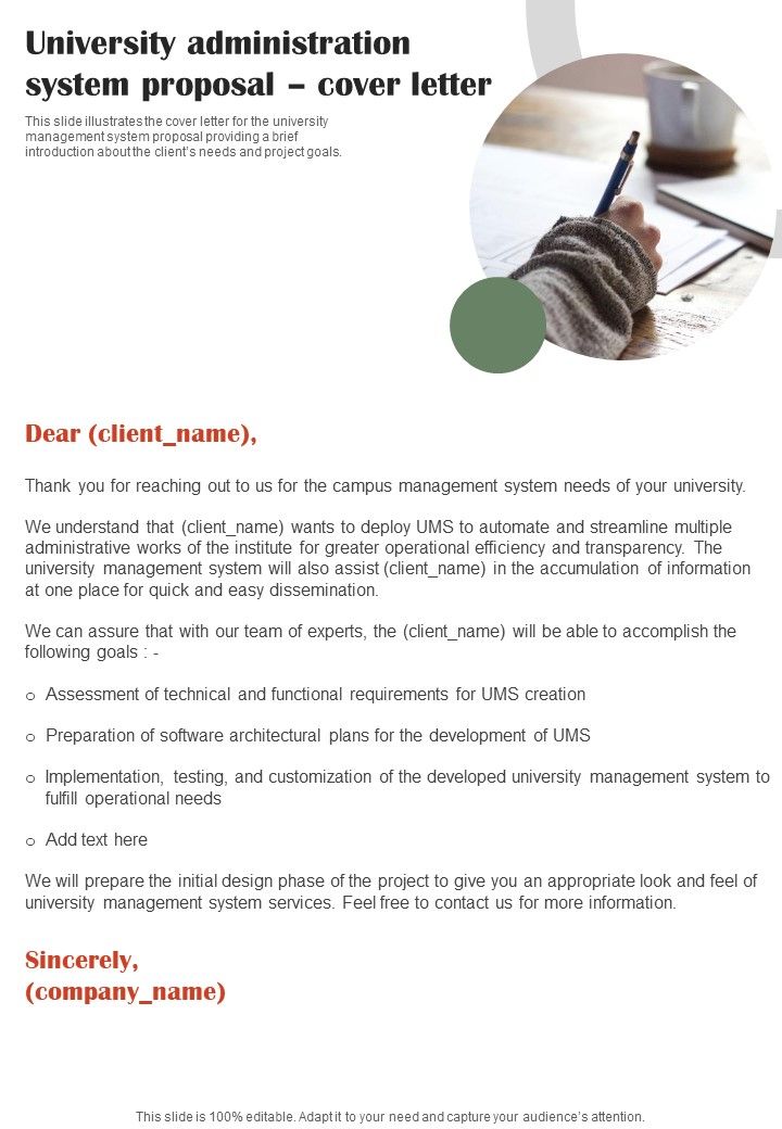 University Administration System Proposal Cover Letter One Pager Sample Example Document Slide01