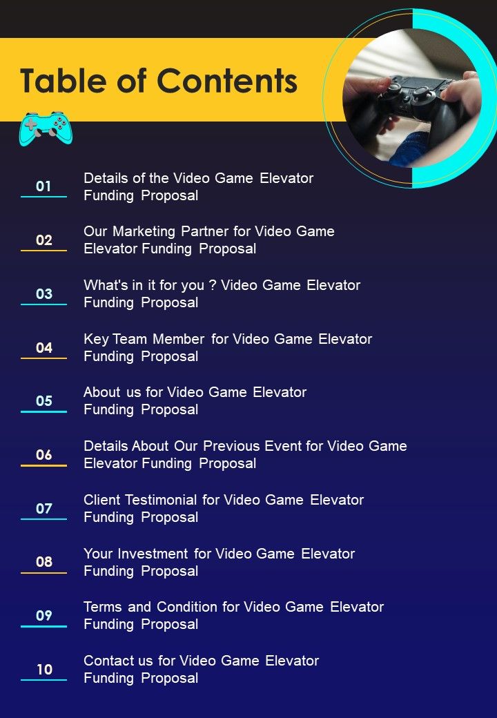 Video Game Elevator Funding Proposal Table Of Contents One Pager Sample Example Document Slide01