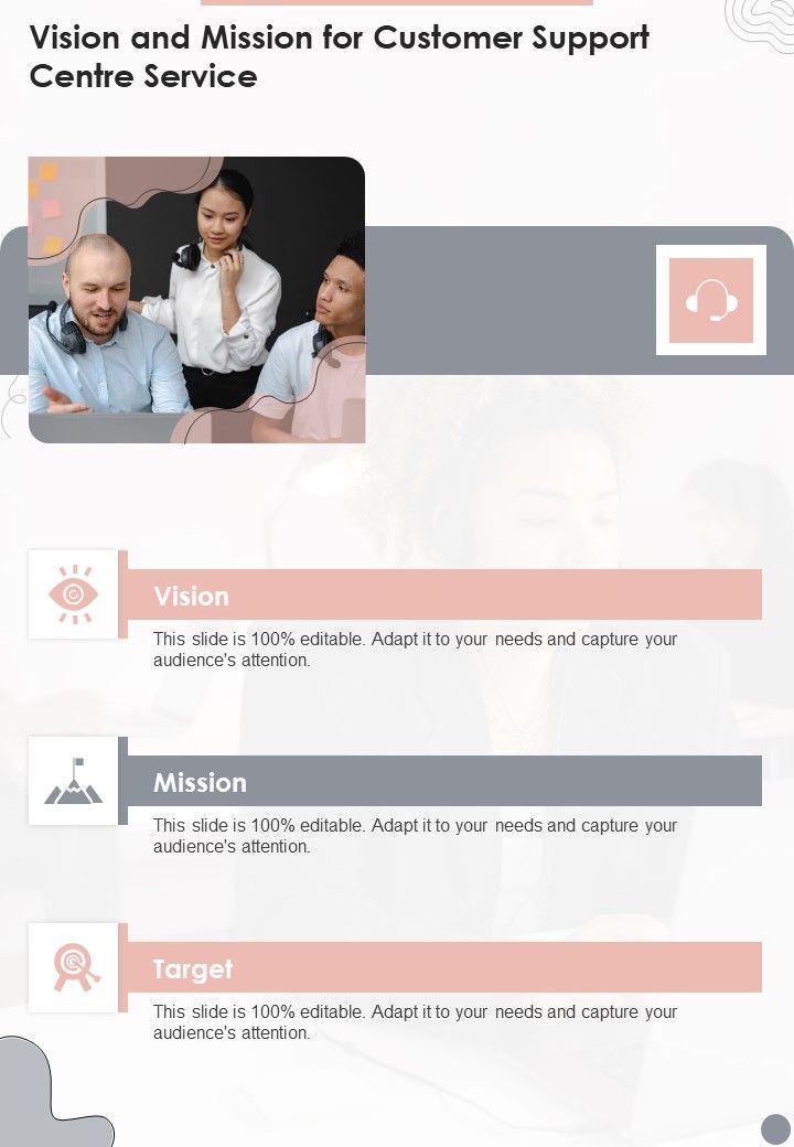 Vision And Mission For Customer Support Centre Service One Pager Sample Example Document Slide01