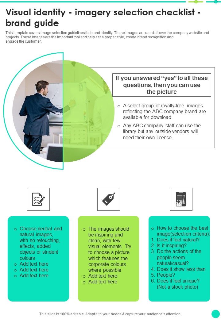 Visual Identity Imagery Selection Checklist Brand Guide One Pager Sample Example Document Slide01