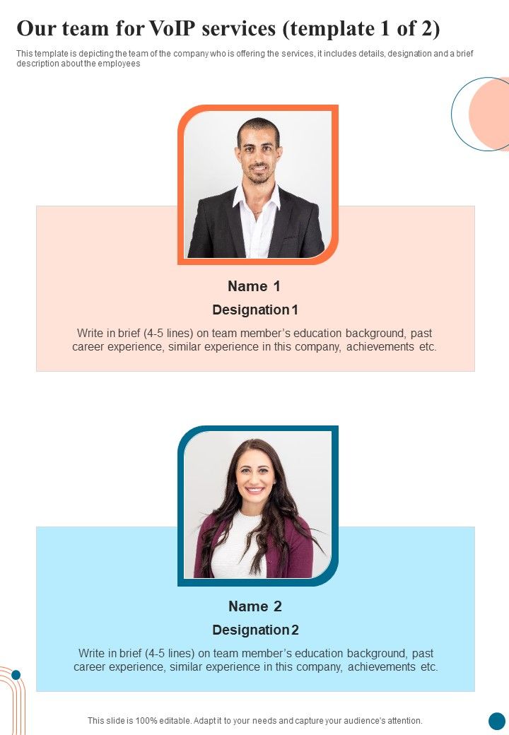 Voice Over Internet Protocol Infrastructure And Services Our Team For Voip Services One Pager Sample Example Document Slide01