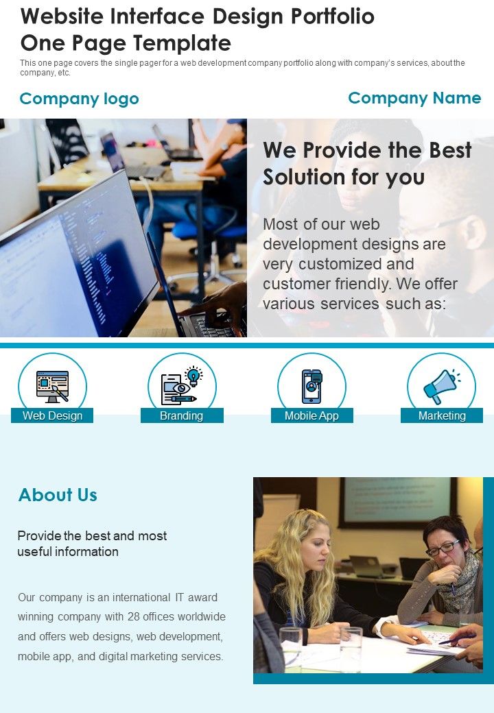 Website Interface Design Portfolio One Page Template PDF Document PPT Template Slide01