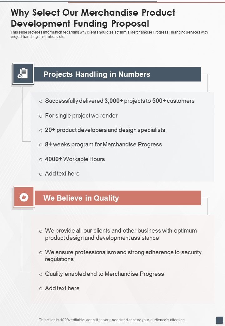 Why Select Our Merchandise Product Development Funding Proposal One Pager Sample Example Document Slide01