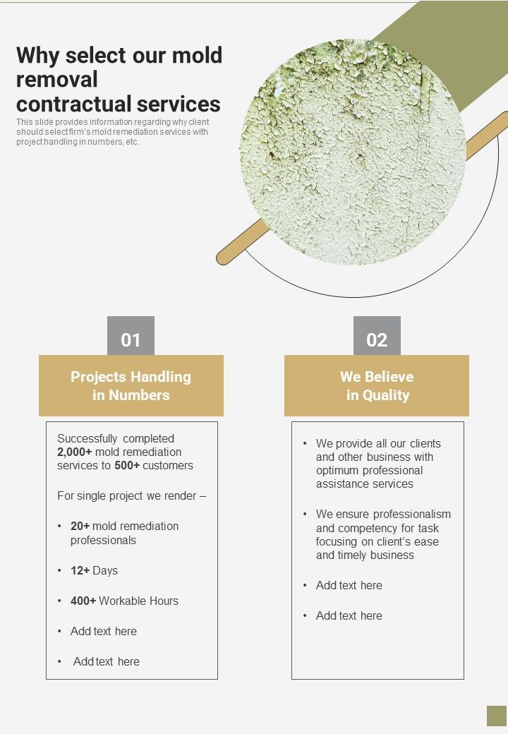 Why Select Our Mold Removal Contractual Services One Pager Sample Example Document Slide01