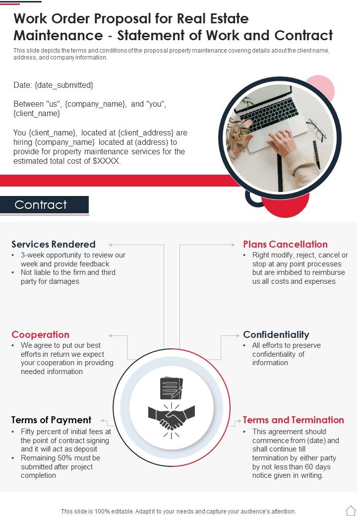 Work Order Proposal For Real Estate Maintenance Statement Of Work And Contract One Pager Sample Example Document Slide01