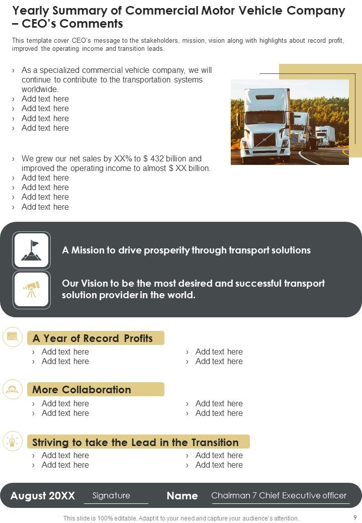 Yearly Summary Of Commercial Motor Vehicle Company One Pager Documents