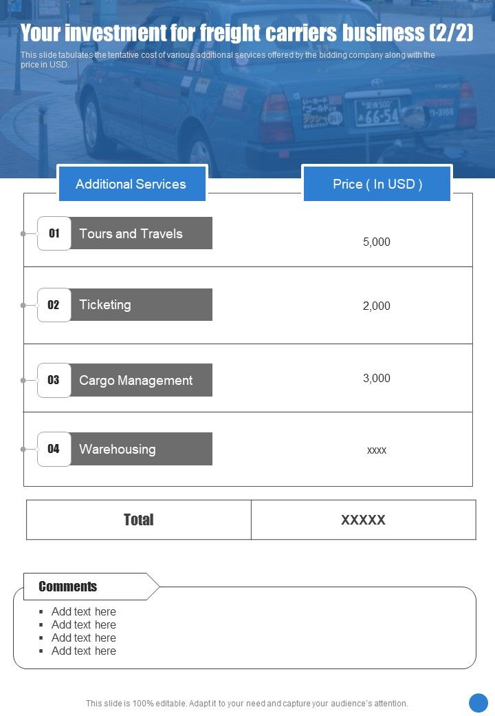 Your Investment For Freight Carriers Business One Pager Sample Example Document