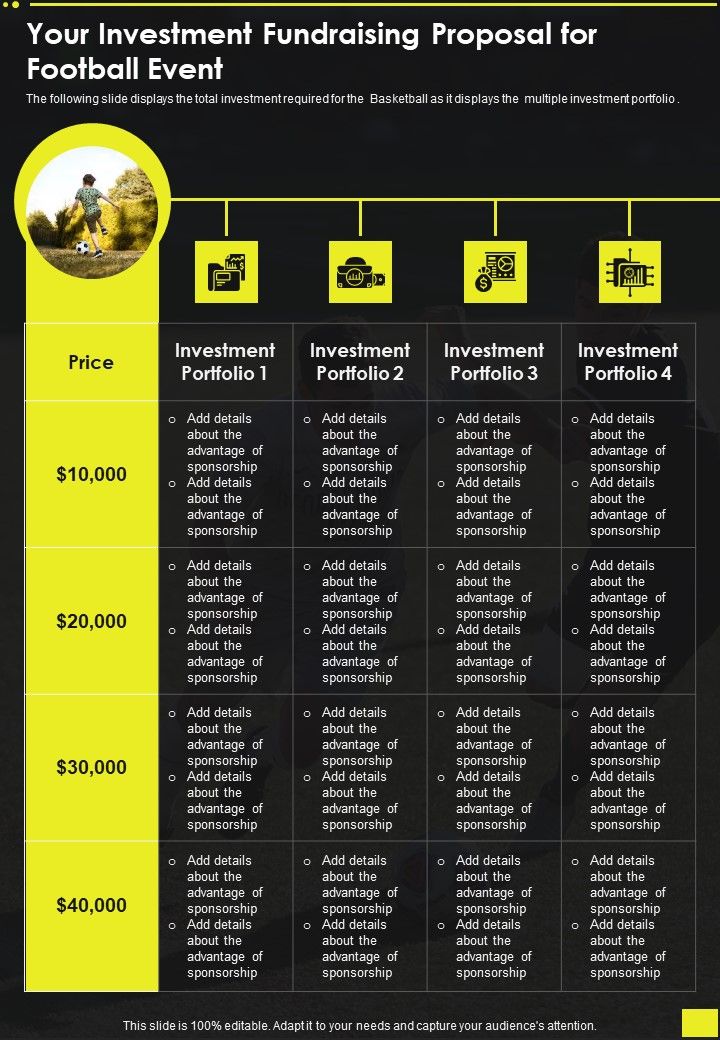 Your Investment Fundraising Proposal For Football Event One Pager Sample Example Document Slide01