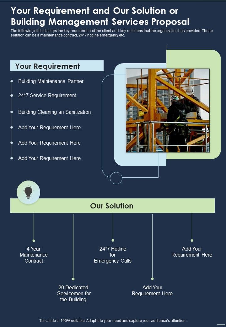 Your Requirement And Our Solution Or Building Management Services Proposal One Pager Sample Example Document Slide01