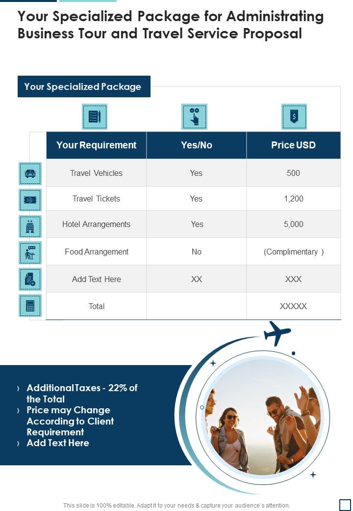 Your Specialized Package For Administrating Business Tour And Travel Service Proposal One Pager Sample Example Document Slide01