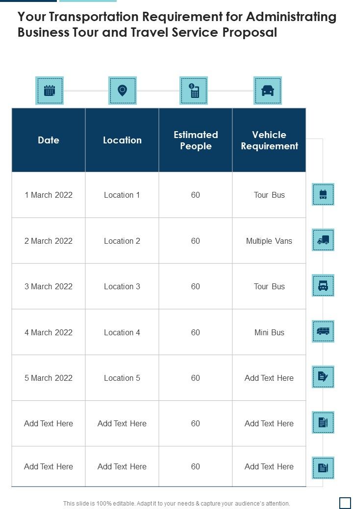 Your Transportation Requirement For Administrating Business Tour And Travel Service Proposal One Pager Sample Example Document Slide01