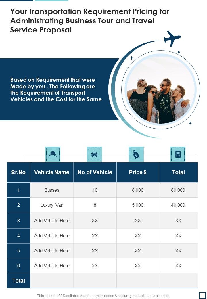 Your Transportation Requirement Pricing For Administrating Business Tour And Travel Service Proposal One Pager Sample Example Document Slide01