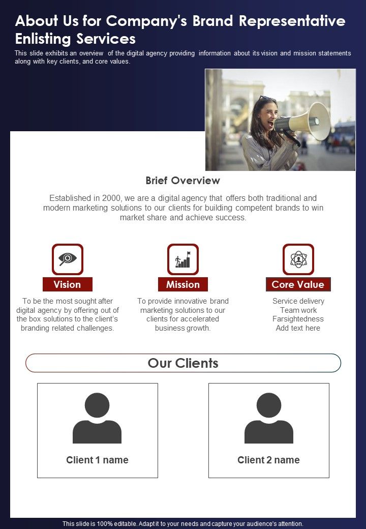 About Us For Companys Brand Representative Enlisting Services One Pager Sample Example Document