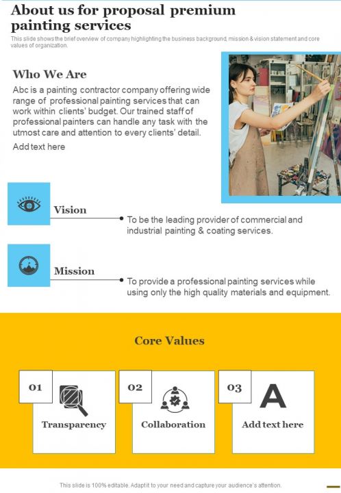 About Us For Proposal Premium Painting Services One Pager Sample Example Document