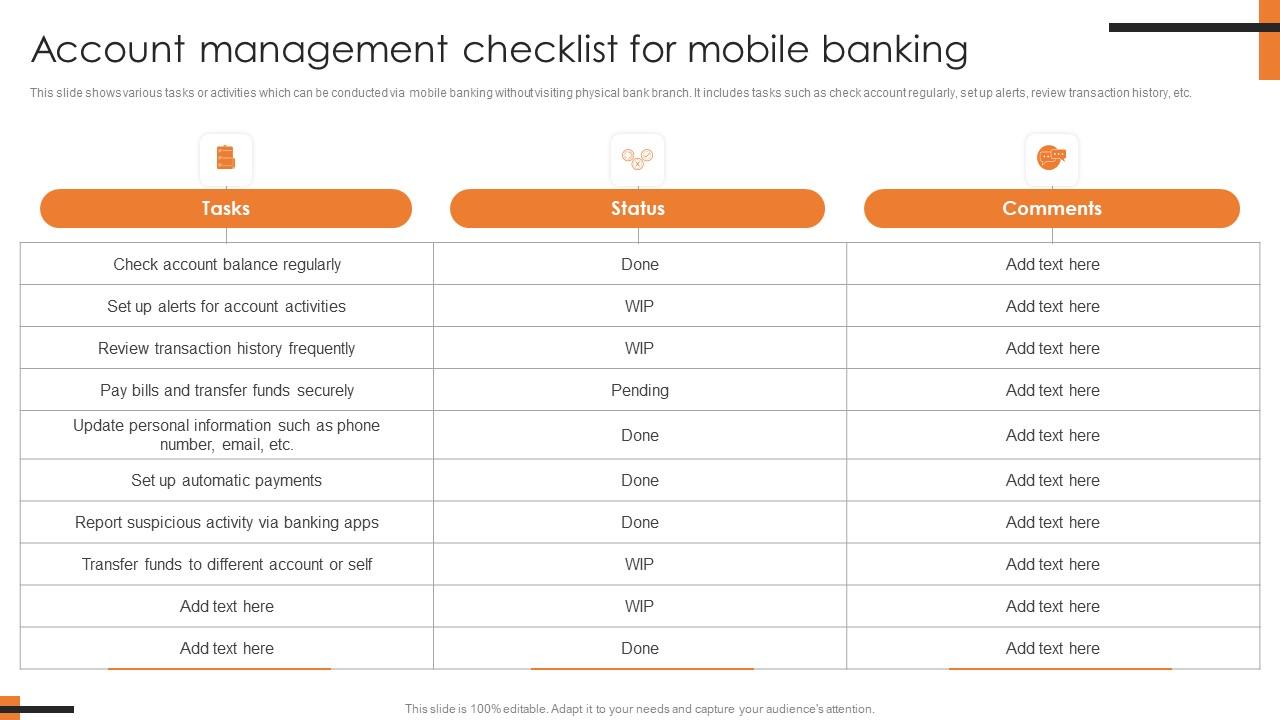 Account Management Checklist For Mobile Comprehensive Smartphone Banking Sample Pdf