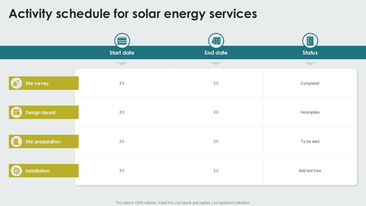 Activity Schedule For Solar Energy Services PPT Slides SS