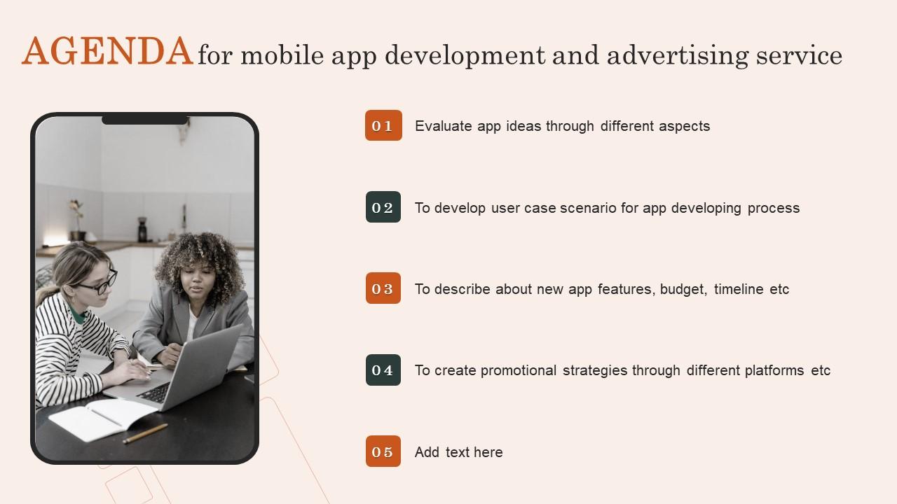 Agenda For Mobile App Development And Advertising Service Template Pdf
