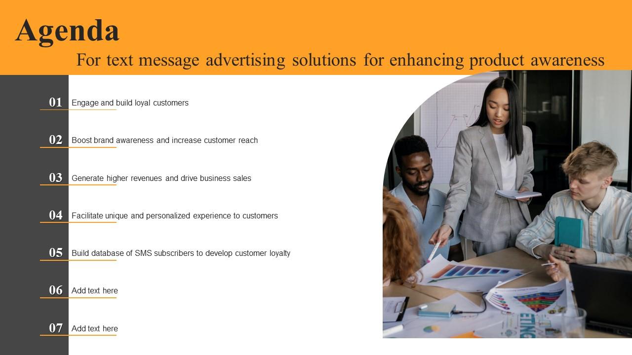 Agenda For Text Message Advertising Solutions For Enhancing Product Awareness Introduction Pdf