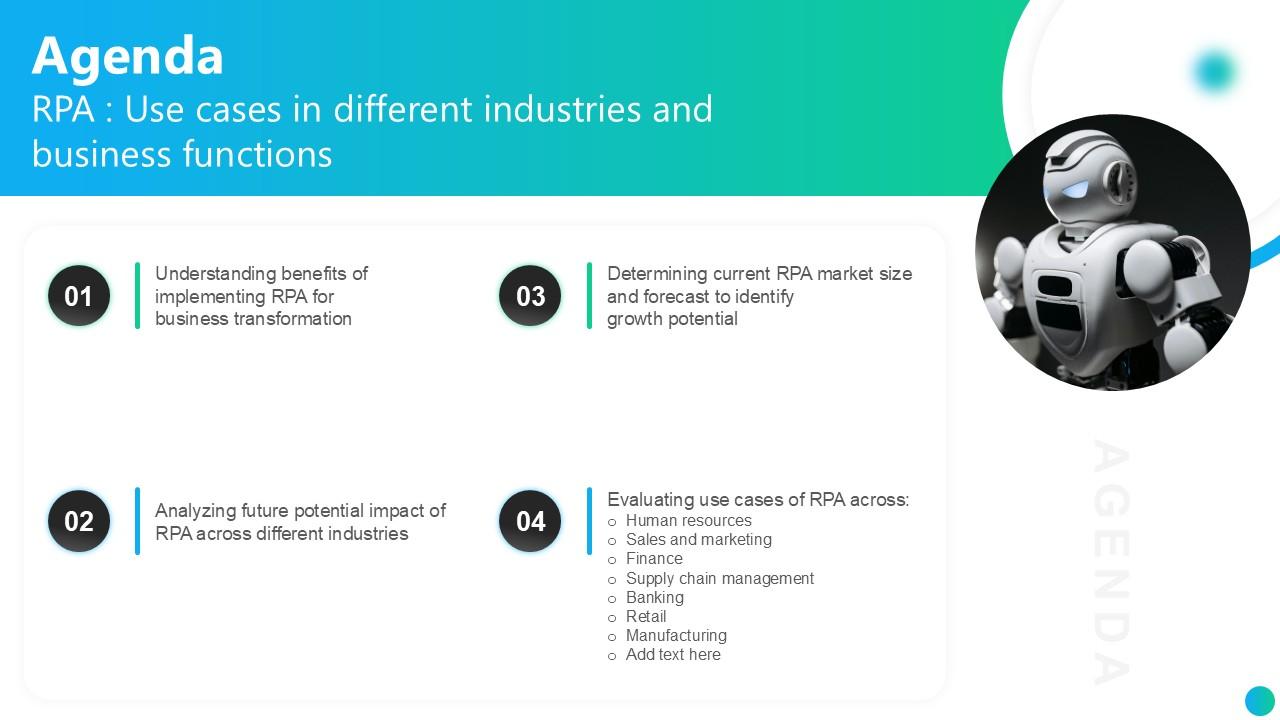 Agenda RPA Use Cases In Different Industries And Business PPT Slide AI SS V
