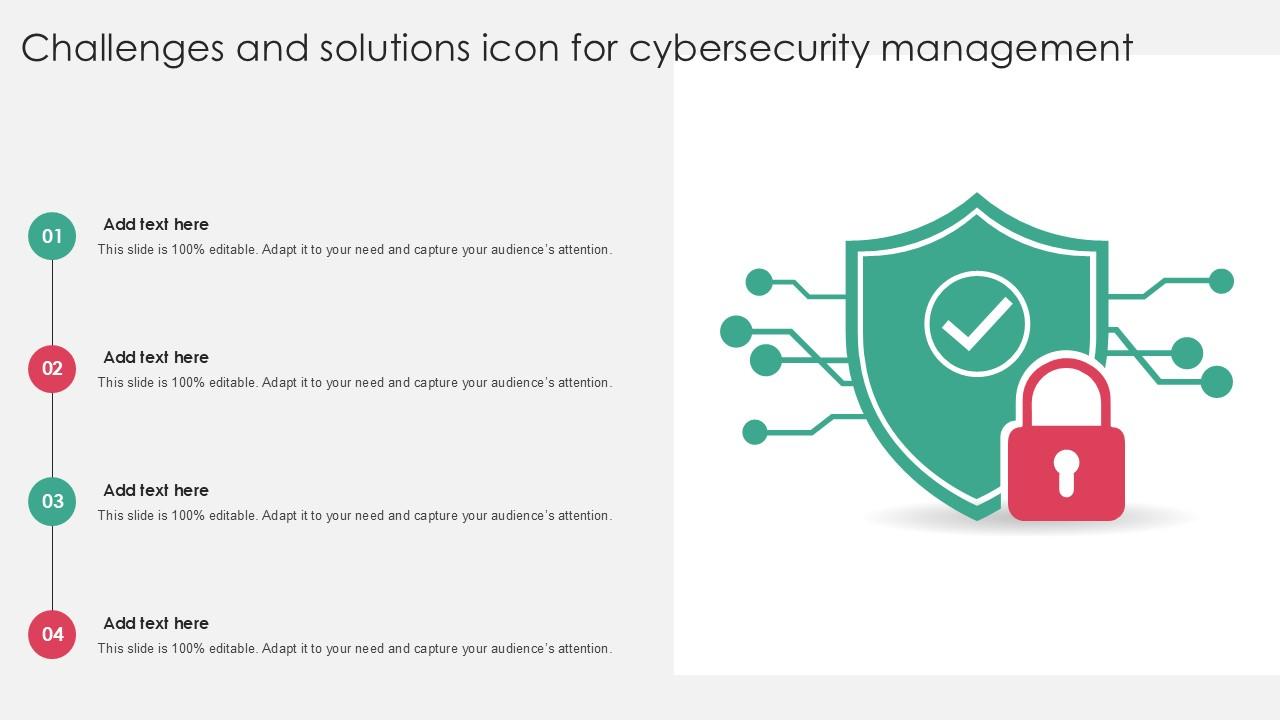 Challenges And Solutions Icon For Cybersecurity Management PPT Example SS