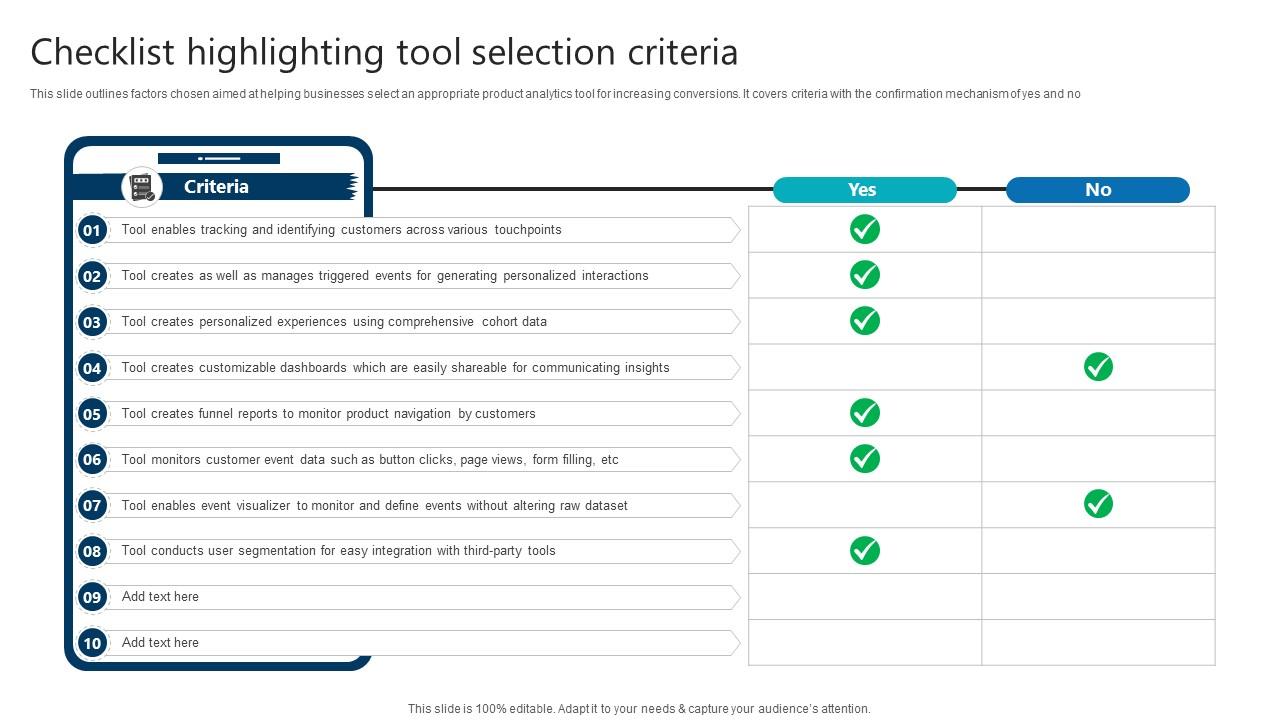 Checklist Highlighting Tool Selection Criteria Product Analytics Implementation Data Analytics V