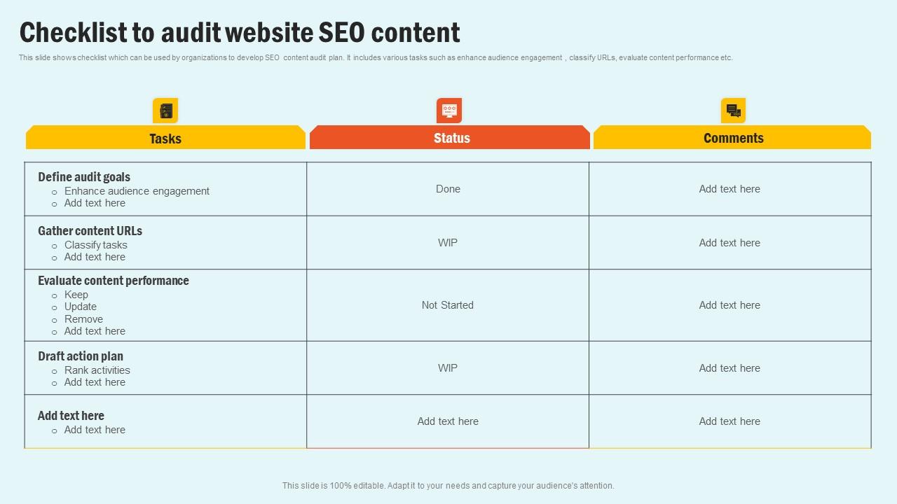 Checklist To Audit Website Enhancing Website Performance With Search Engine Content Clipart Pdf