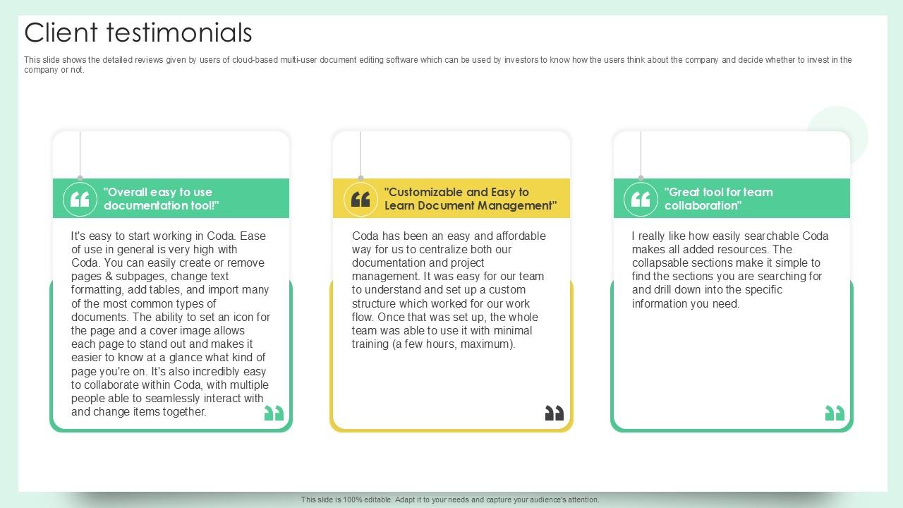 Client Testimonials Document Creation Software Company Fundraising Ppt Presentation