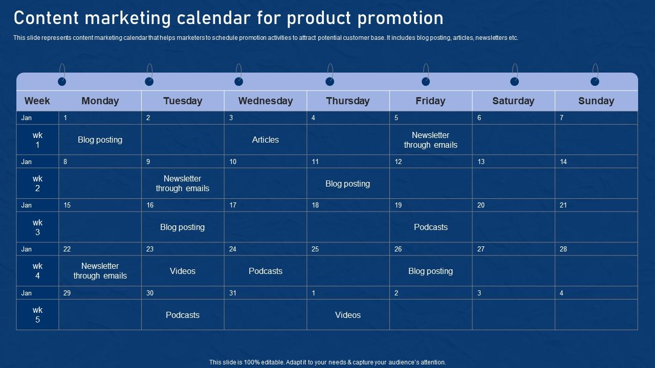 Content Marketing Calendar Product Effective Network Marketing Promotion Tactics Graphics Pdf