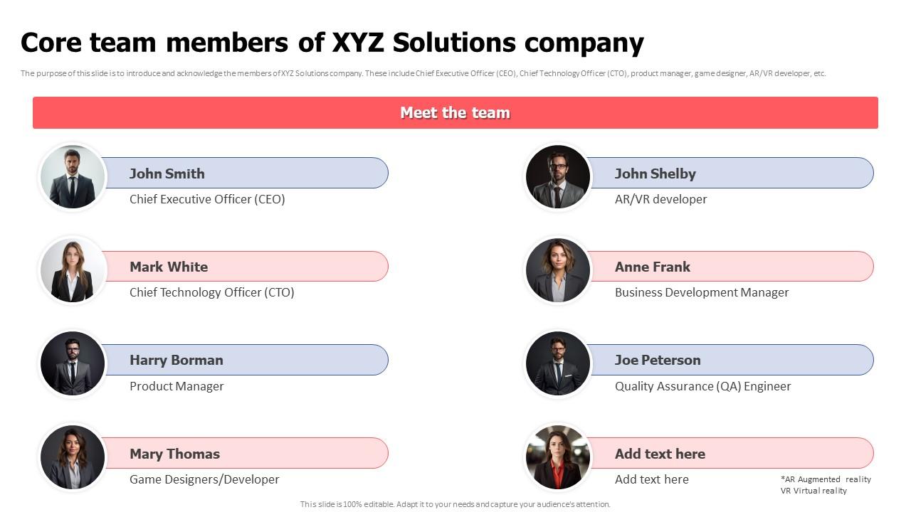 Core Team Members Of XYZ Solutions Company Video Game Financing Pitch Deck