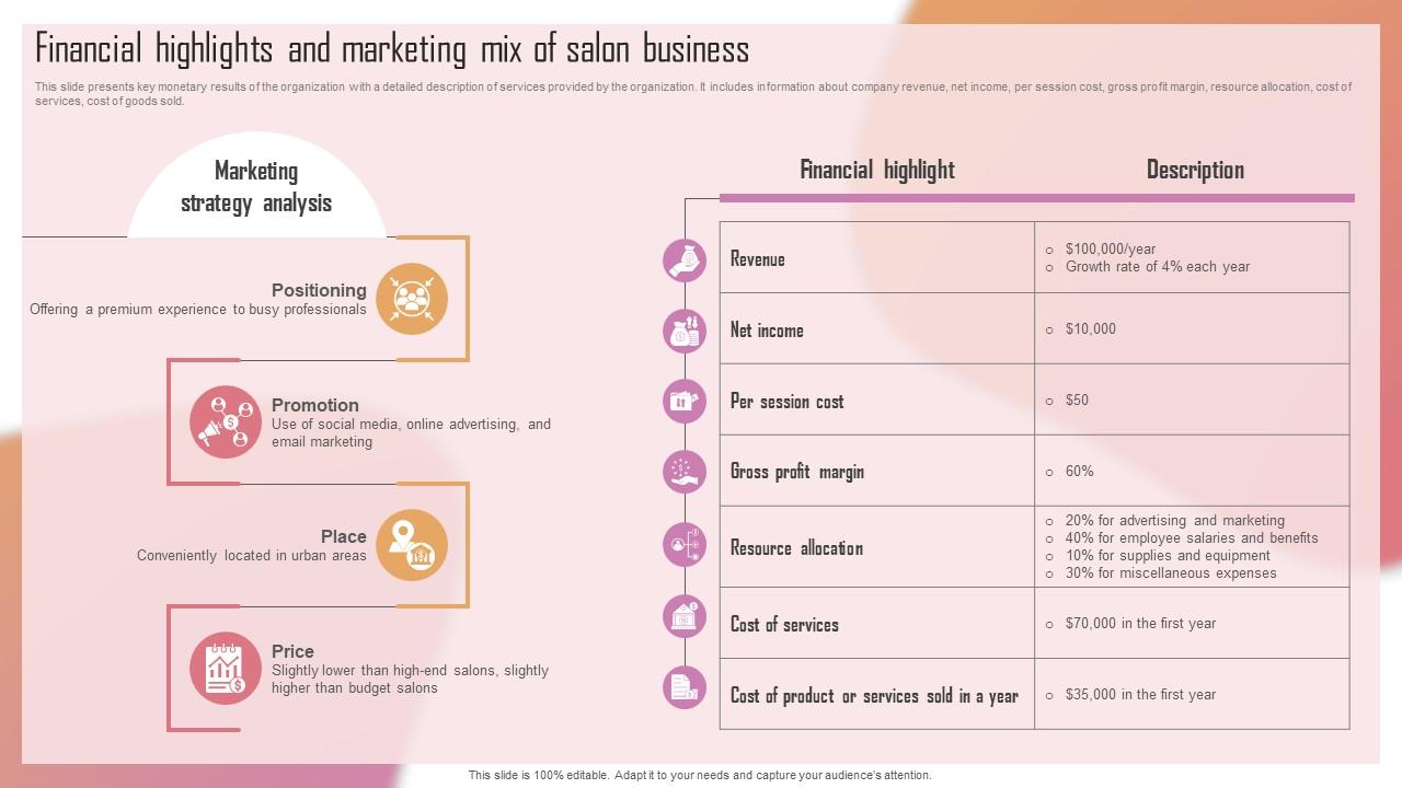 Customizing The Salon Experience Financial Highlights And Marketing Mix Of Salon Business Strategy SS V