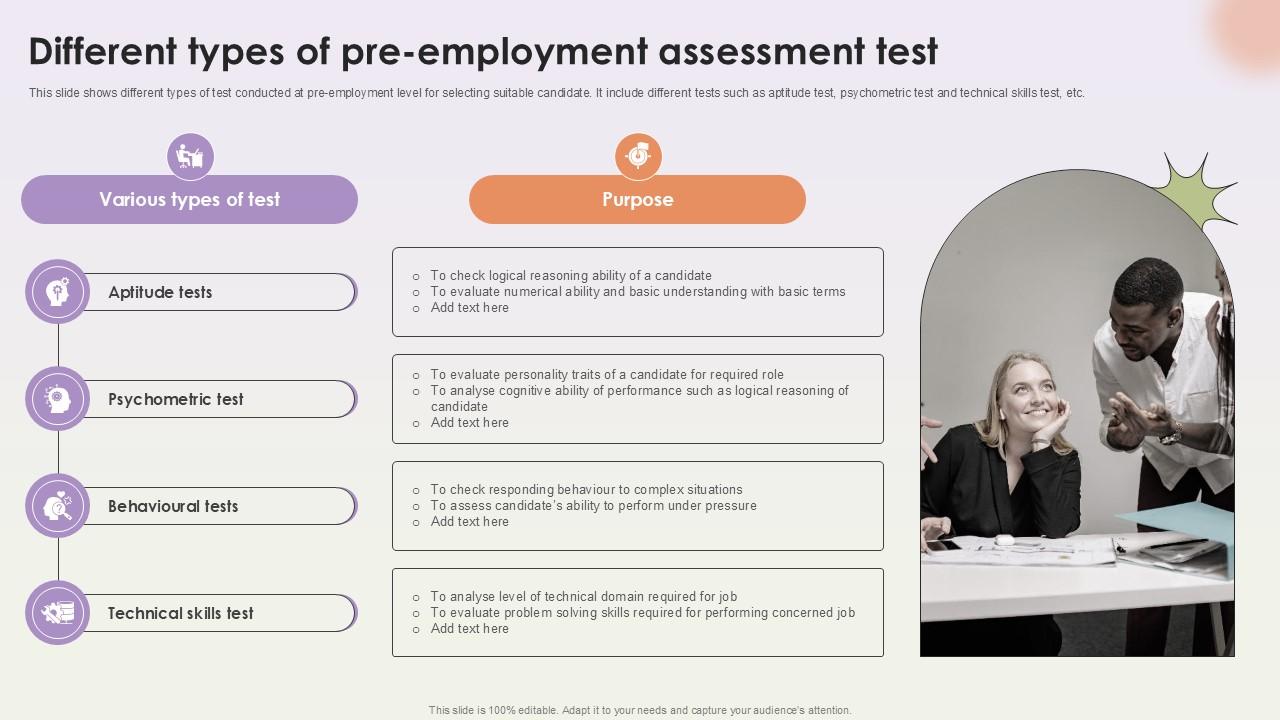 Different Types Of Pre Employment Assessment Workforce Procurement And Aptitude Evaluation Ppt Sample