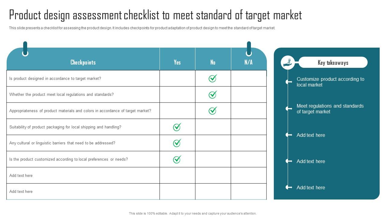 Effective Product Adaptation Product Design Assessment Checklist To Meet Standard Slides Pdf