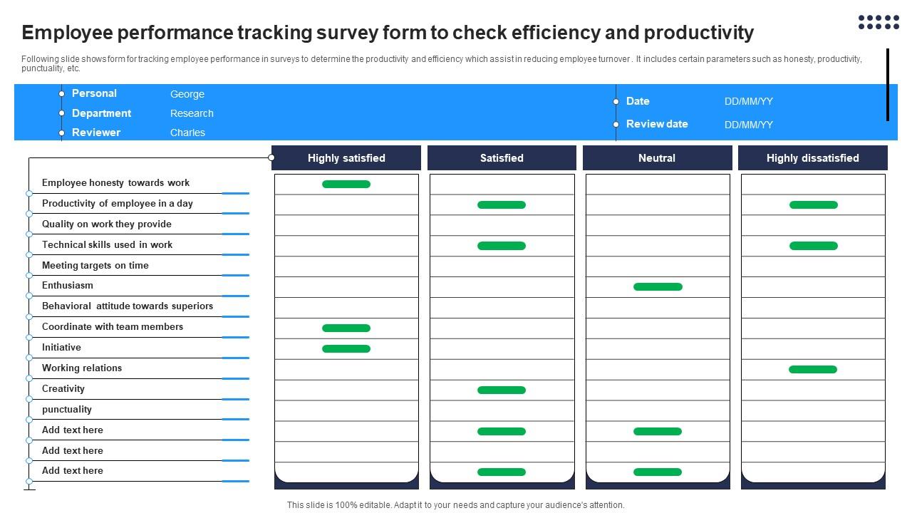 Employee Performance Tracking Survey Form To Check Efficiency And Productivity Portrait Pdf