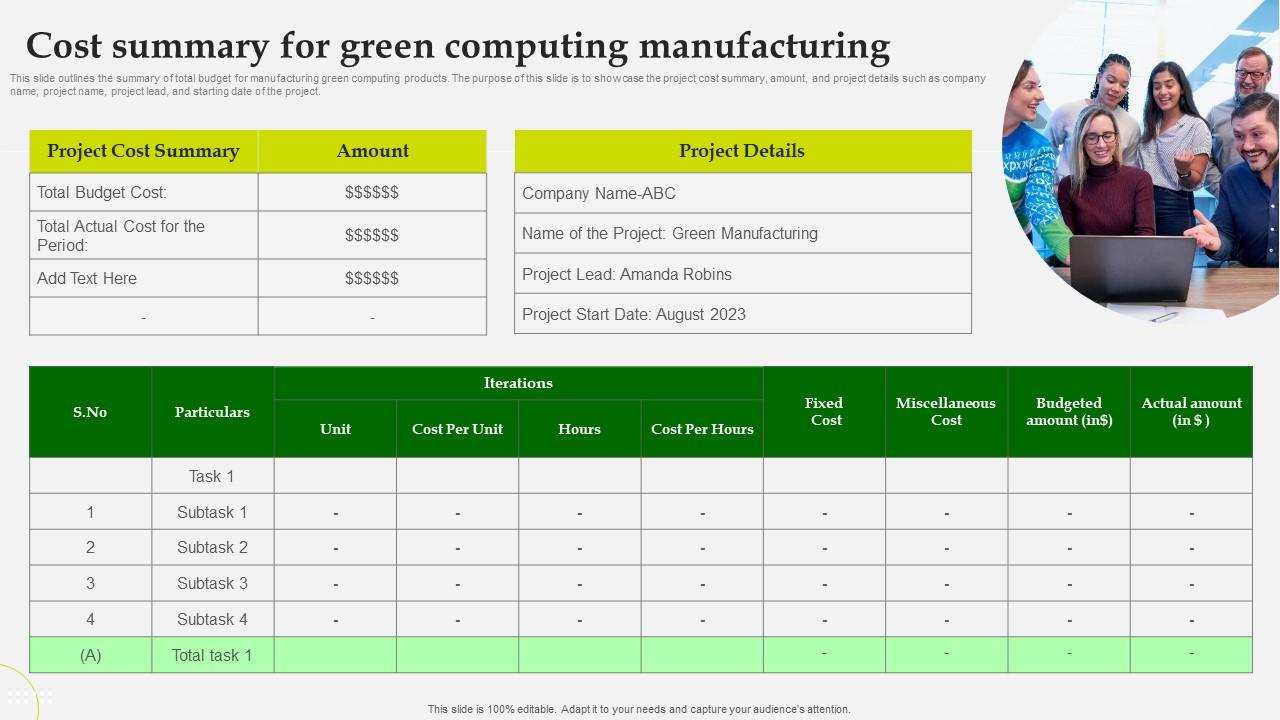 Green Computing Cost Summary For Green Computing Manufacturing