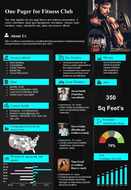 One Pager For Fitness Club PDF Document PPT Template Slide01