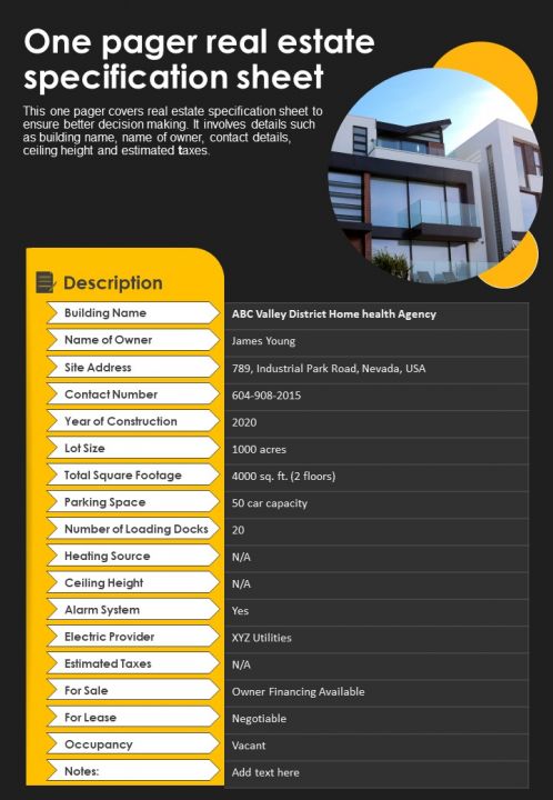 One Pager Real Estate Specification Sheet PDF Document PPT Template Slide01