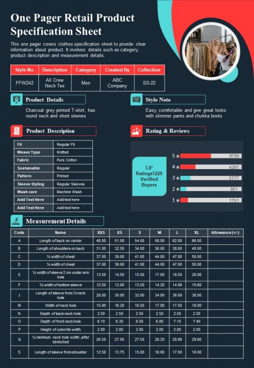 One Pager Retail Product Specification Sheet PDF Document PPT Template Slide01