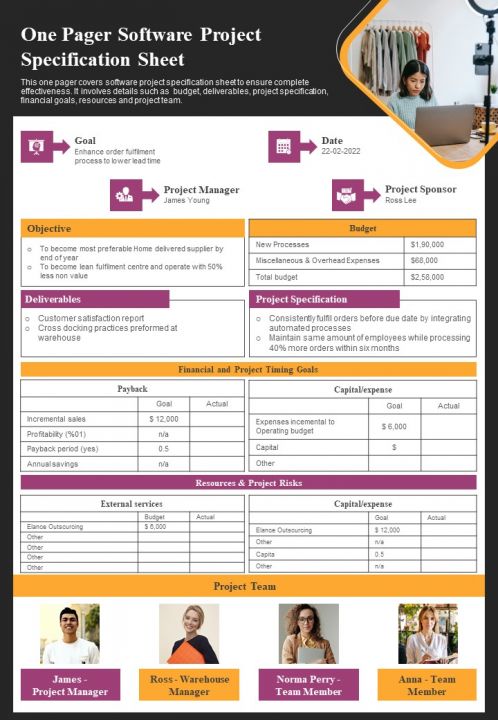 One Pager Software Project Specification Sheet PDF Document PPT Template Slide01