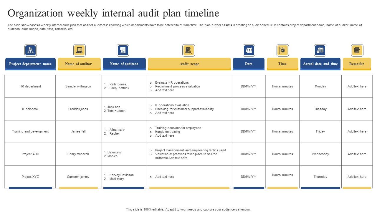 Organization Weekly Internal Audit Plan Timeline Background Pdf