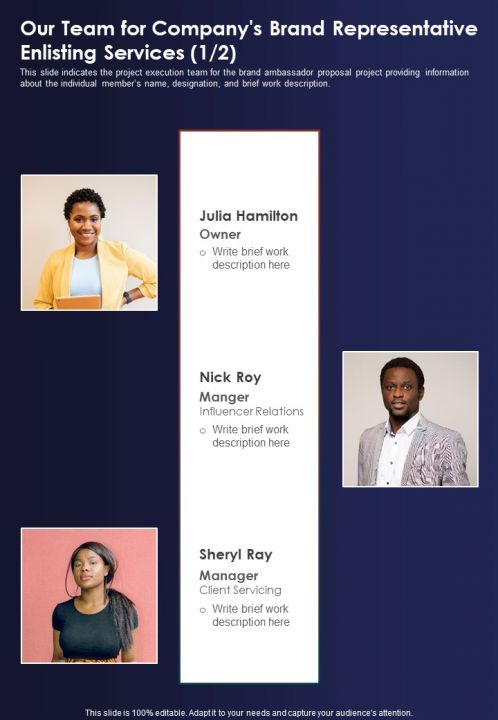 Our Team For Companys Brand Representative Enlisting Services One Pager Sample Example Document