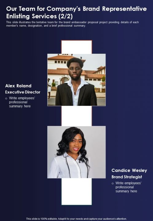 Our Team For Companys Brand Representative Enlisting Services One Pager Sample Example Document