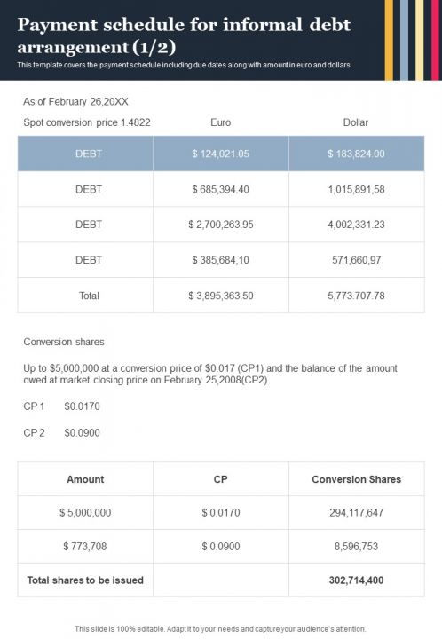 Payment Schedule For Informal Debt Arrangement One Pager Sample Example Document