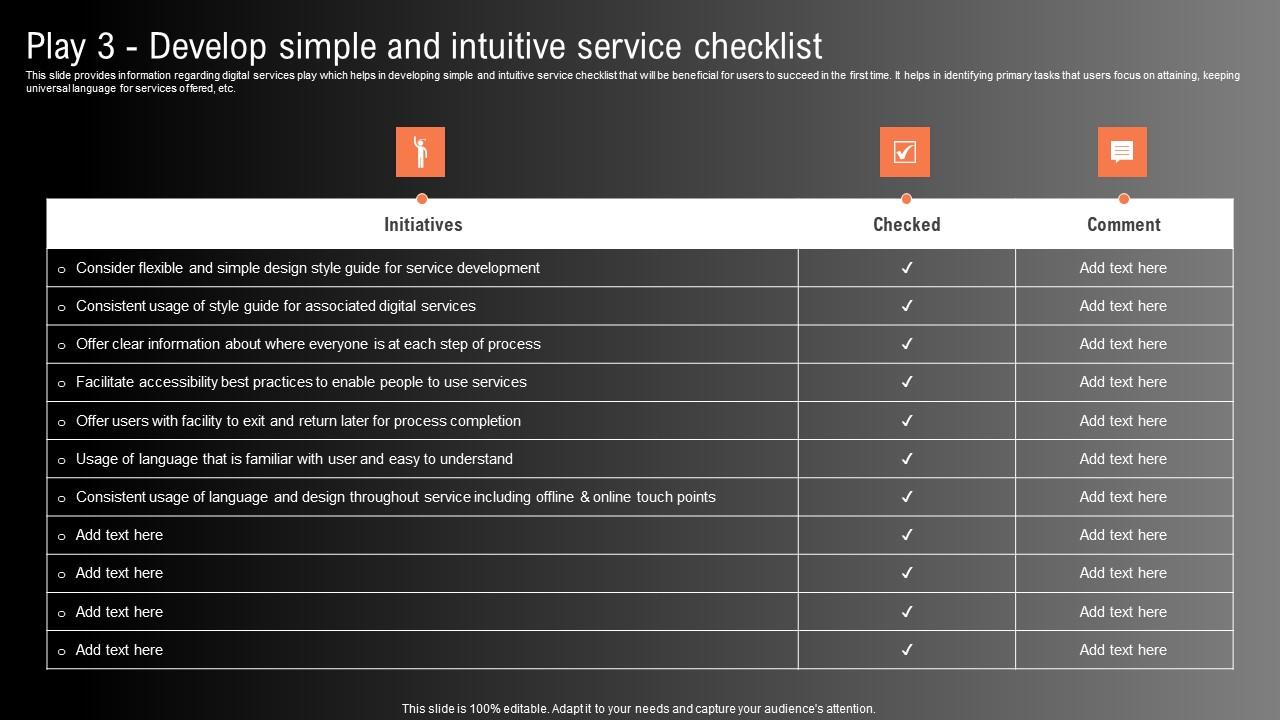 Play 3 Develop Simple And Intuitive Service Checklist Technological Innovation Playbook Mockup Pdf