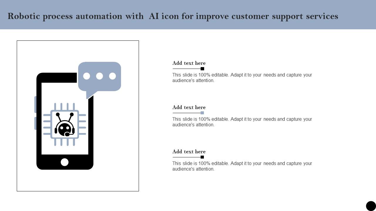 Robotic Process Automation With AI Icon For Improve Customer Support Services Slides Pdf