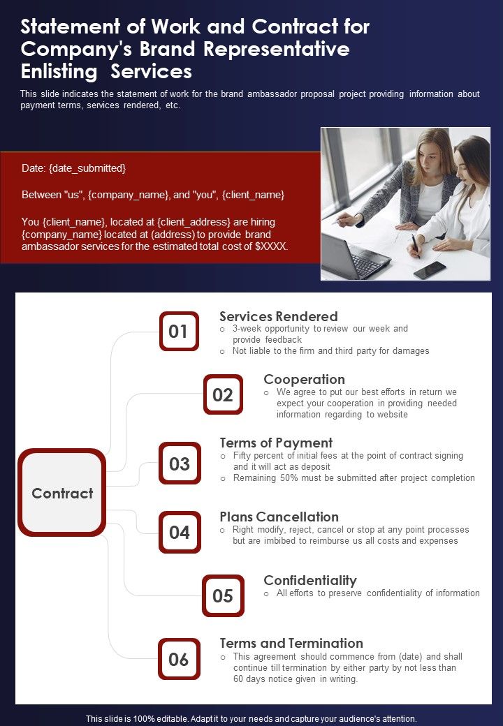 Statement Of Work And Contract For Companys Brand Representative One Pager Sample Example Document
