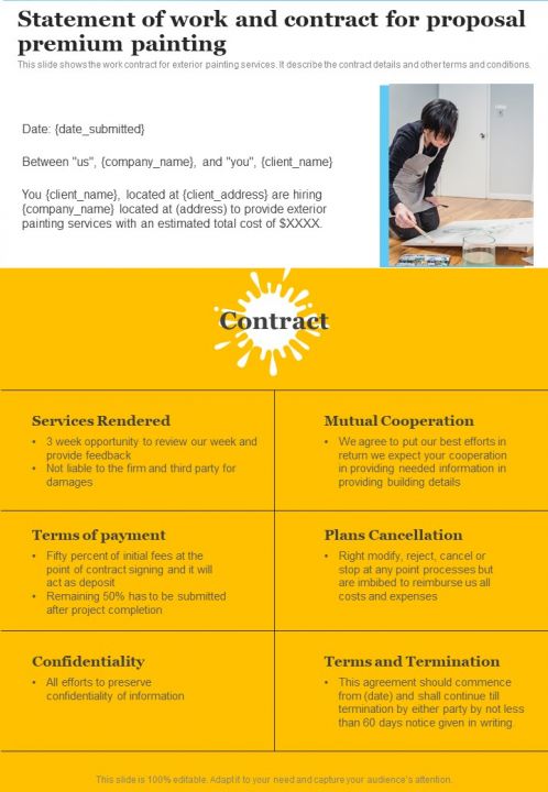 Statement Of Work And Contract For Proposal Premium Painting One Pager Sample Example Document