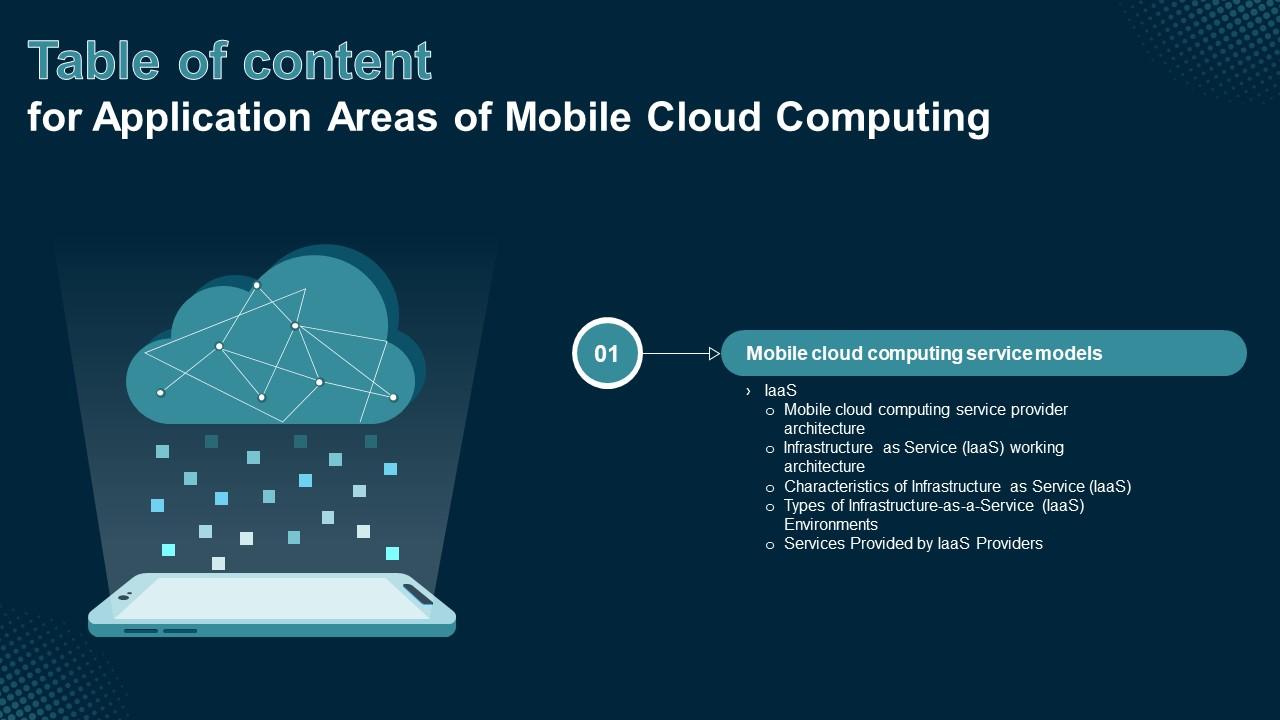 Table Of Content Application Areas Of Mobile Cloud Computing Ppt Formates