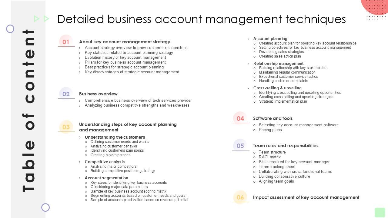 Table Of Content Detailed Business Account Management Techniques PPT Presentation Strategy SS V